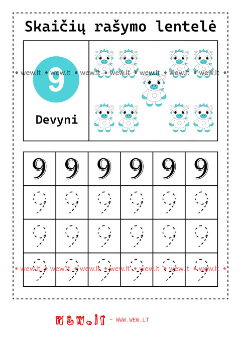Rašymo užduotys "Skaičiai" - devyni