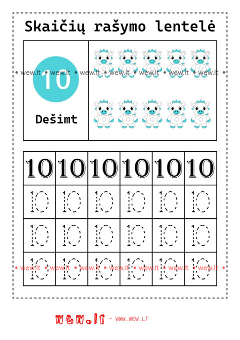 Rašymo užduotys "Skaičiai" - dešimt