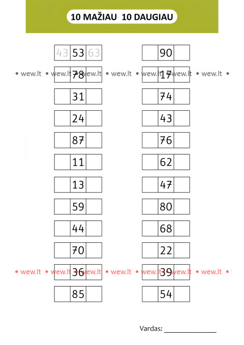 Matematikos užduotis - 10 mažiau, 10 daugiau