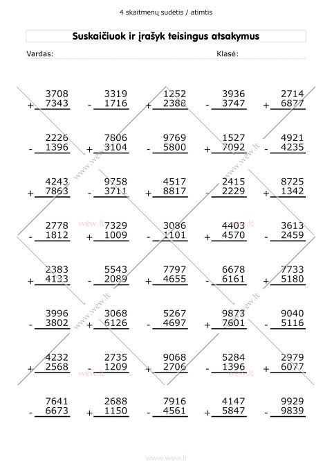 Sudėtis ir atimtis: 4 skaitmenys - užduotys 5 lapas