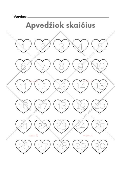 Valentino dienos skaičių kelionė: apvedžiok skaičius (1–30)