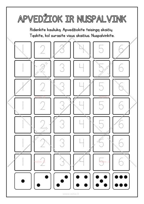 Ridenk ir rašyk: smagus skaičių (1–6) pažinimo žaidimas