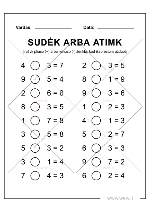 Įrašyk tinkamą pliuso arba minuso ženklą