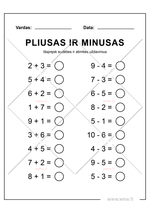 Sudėties ir atimties uždavinių sprendimo lapas