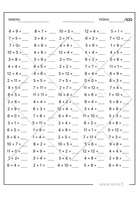 100 matematikos sudėties užduočių vaikams