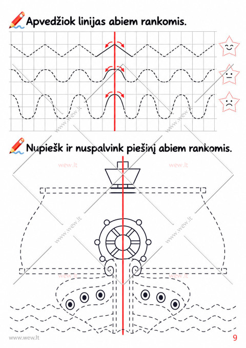 Grafomotorikos pratimai abiem rankomis – simetrijos ir linijų vedžiojimo užduotis (PDF)