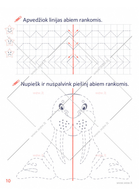 Grafomotorikos pratimai abiem rankomis „Ruonis“ – simetrijos ir piešimo užduotis (PDF)