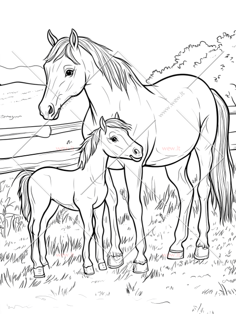 Žirgai pievoje mama ir kumeliukas