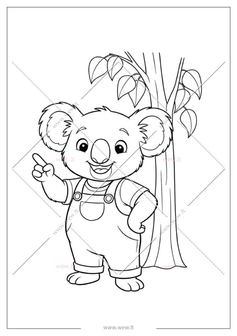 Linksma koala prie medžio – spalvinimo paveikslėlis vaikams (PDF)