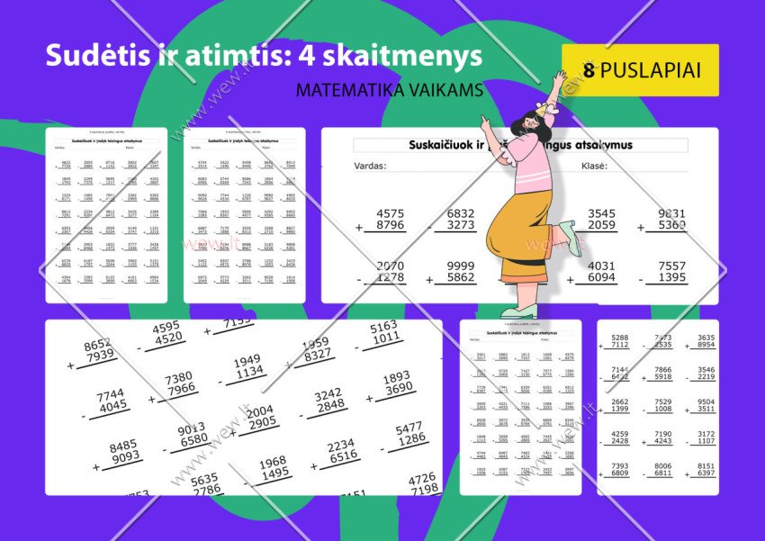 Sudėtis ir atimtis: 4 skaitmenys - užduotėlių rinkinys