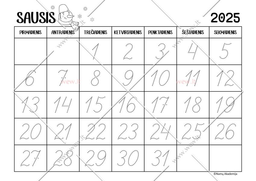 Sausis - 2025 Kalendorius - rašome skaičius, mokomės suprasti laiko tėkmę