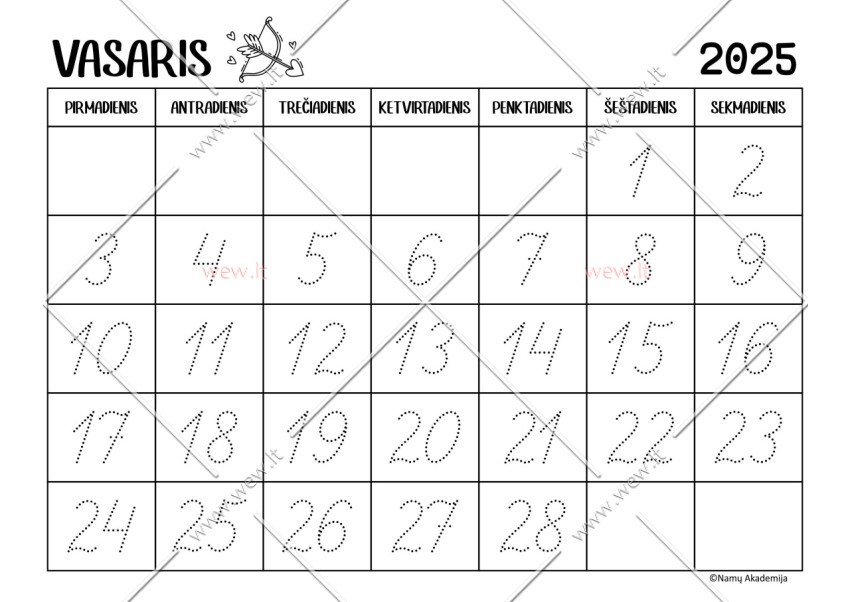 Vasaris - 2025 Kalendorius - rašome skaičius, mokomės suprasti laiko tėkmę
