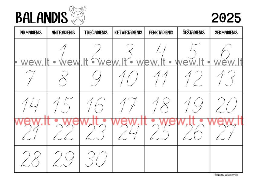 Balandis - 2025 Kalendorius - rašome skaičius, mokomės suprasti laiko tėkmę