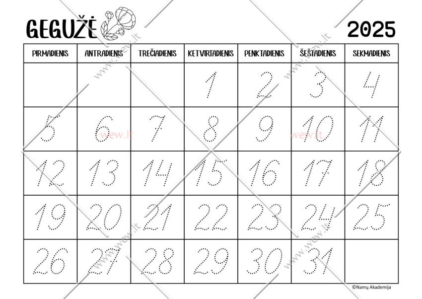 Gegužė - 2025 Kalendorius - rašome skaičius, mokomės suprasti laiko tėkmę