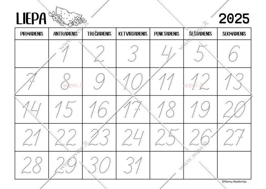 Liepa - 2025 Kalendorius - rašome skaičius, mokomės suprasti laiko tėkmę
