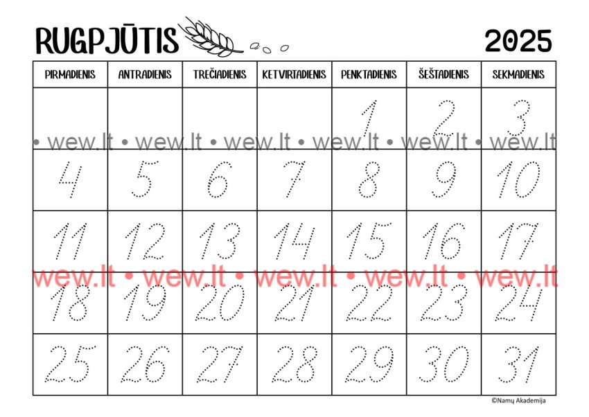 Rugpjūtis - 2025 Kalendorius - rašome skaičius, mokomės suprasti laiko tėkmę