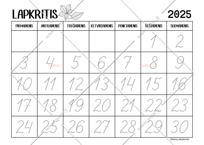Lapkritis - 2025 Kalendorius - rašome skaičius, mokomės suprasti laiko tėkmę