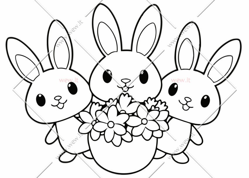 Trys zuikiai ir gėlės