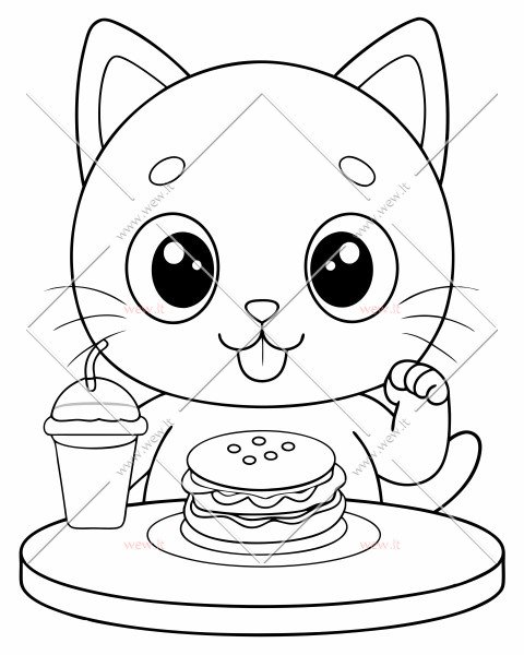 Kawaii katė valgo pietus, plačiai atmerktos akys