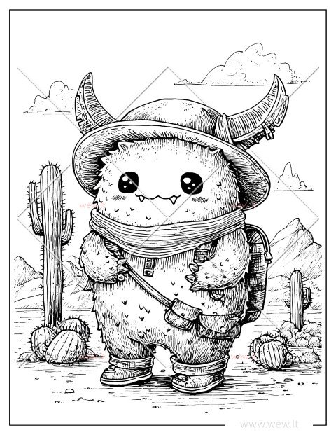 Mielas kawaii monstras dykumoje