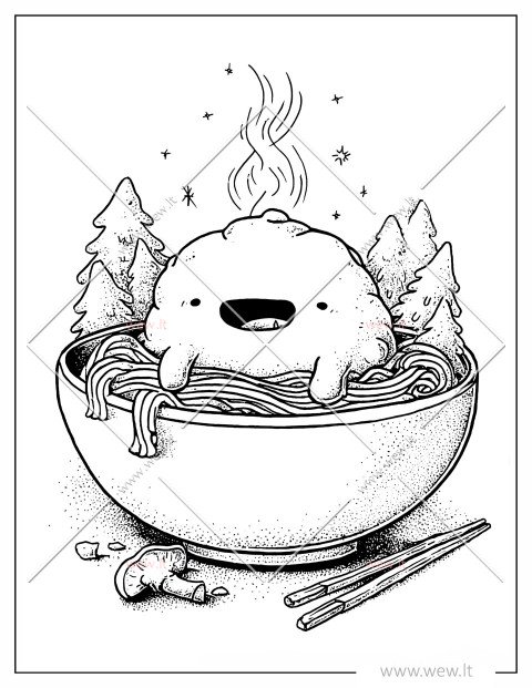 Kawaii monstras ilsisi makaronų dubenyje