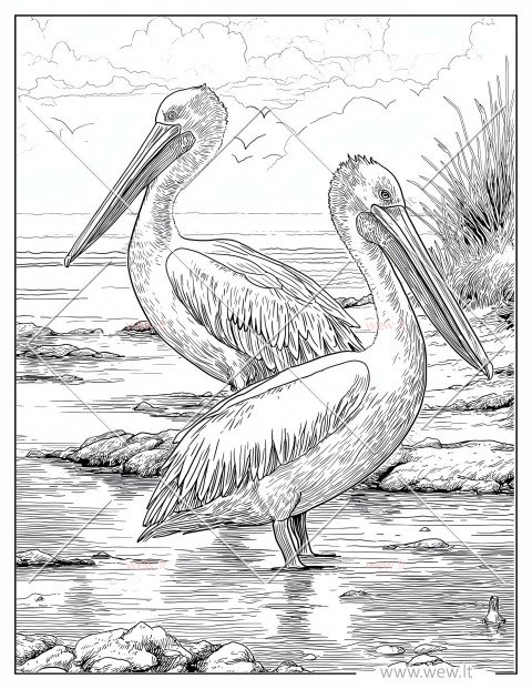 Du pelikanai vandenyje spalvinti