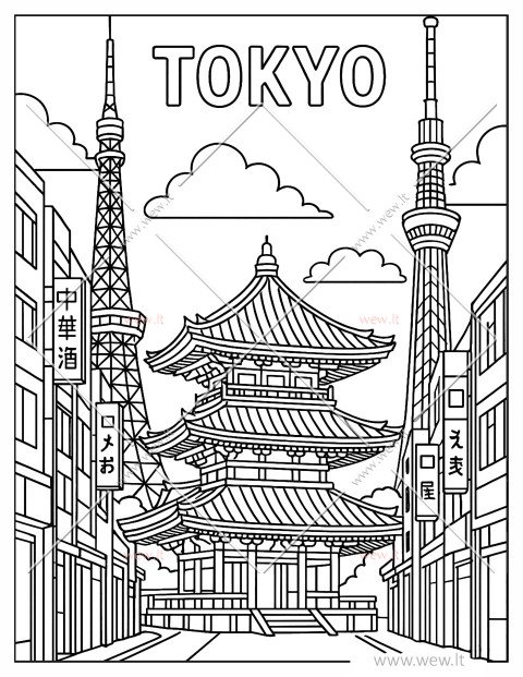 Japonijos miestas Tokijas spalvinti