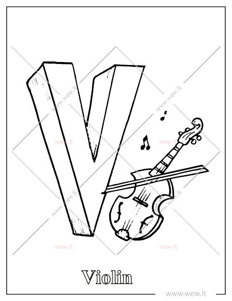 V raidės spalvinimo lapas – Violin (Smuikas)