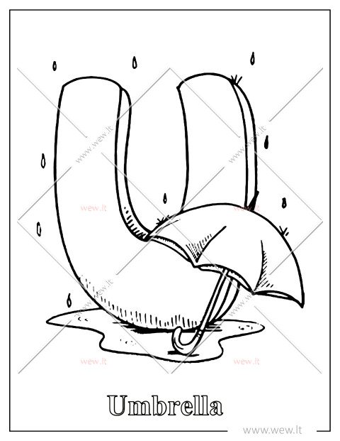 U raidės spalvinimo lapas – Umbrella (Skėtis)