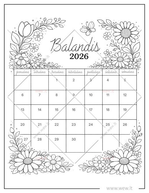 Balandis 2026 - Kalendorius spalvinti