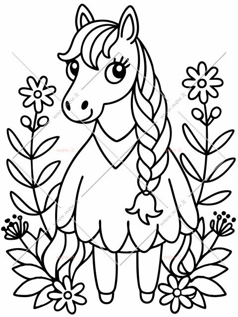 Arklys apsirengęs drabužiais su kasa tarp gėlių