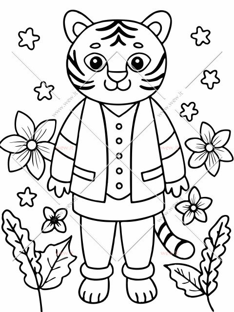 Tigras apsirengęs drabužiais tarp gėlių