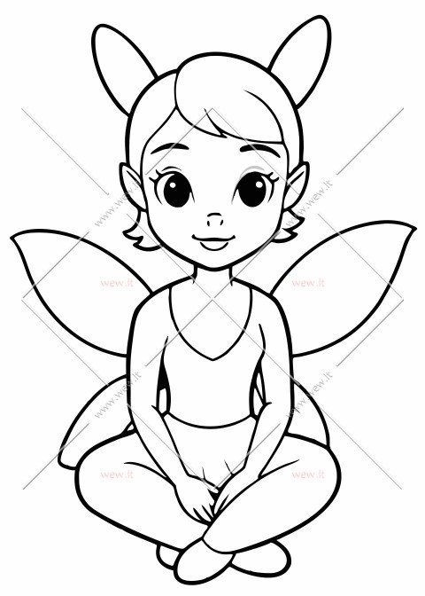 Žavinga fėja, sėdinti sukryžiavus kojas