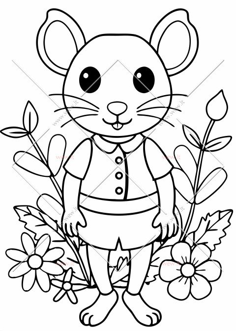 Peliukas apsirengęs drabužiais tarp gėlių