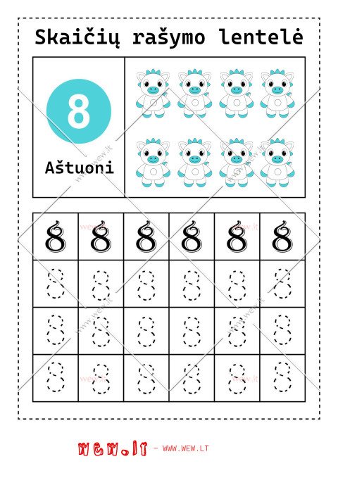 Rašymo užduotys "Skaičiai" - aštuoni