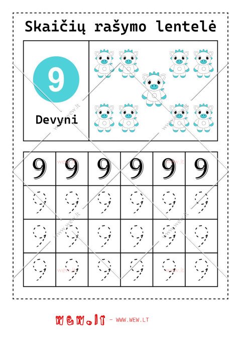 Rašymo užduotys "Skaičiai" - devyni