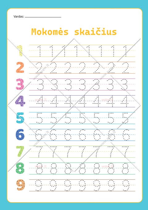 Mokomės rašyti skaičius nuo 1 iki 9