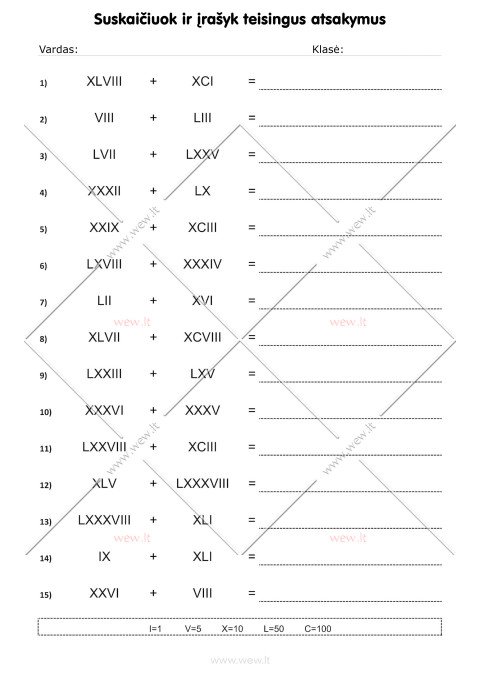 Romėniški skaičiai: sudėtis - 3 lapas