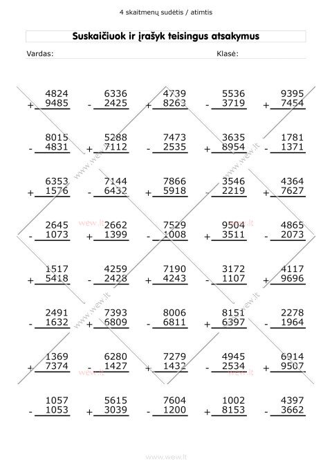 Sudėtis ir atimtis: 4 skaitmenys - užduotys 1 lapas