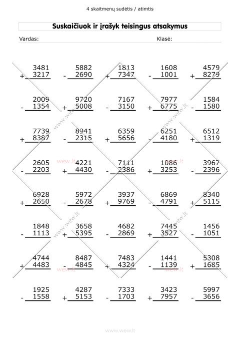 Sudėtis ir atimtis: 4 skaitmenys - užduotys 2 lapas