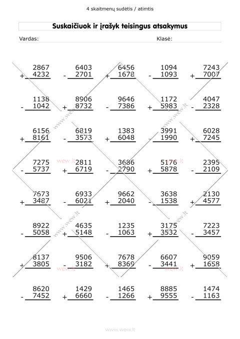 Sudėtis ir atimtis: 4 skaitmenys - užduotys 3 lapas