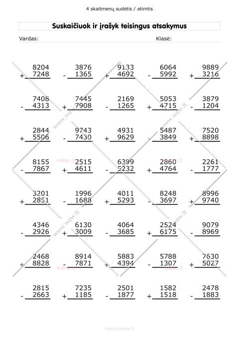 Sudėtis ir atimtis: 4 skaitmenys - užduotys 4 lapas