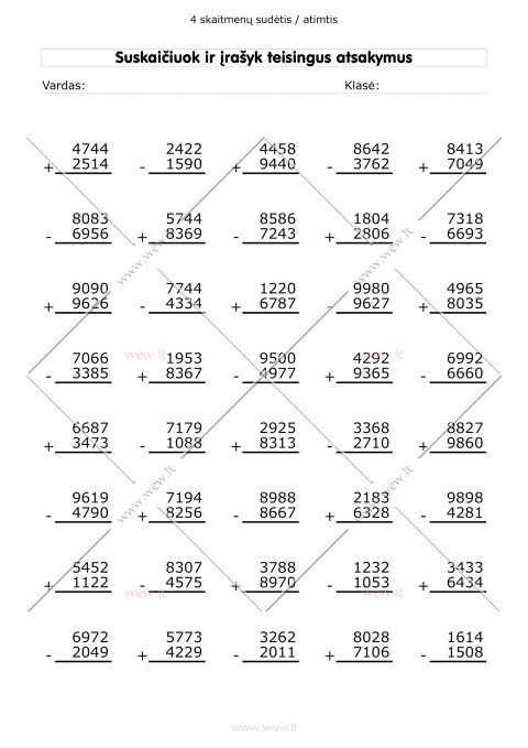 Sudėtis ir atimtis: 4 skaitmenys - užduotys 7 lapas