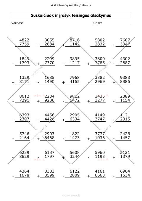 Sudėtis ir atimtis: 4 skaitmenys - užduotys 8 lapas