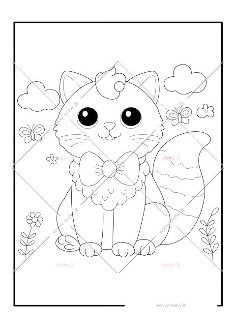 Žavinga katė su kaspinu ir drugeliais spalvinti