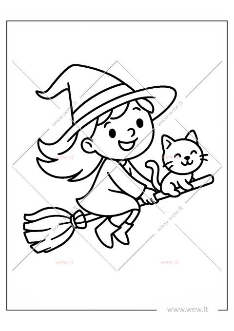 Ragana ant šluotos su katinu spalvinti