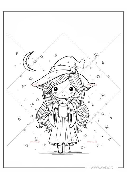 Mažoji ragana su puodeliu arbatos spalvinti