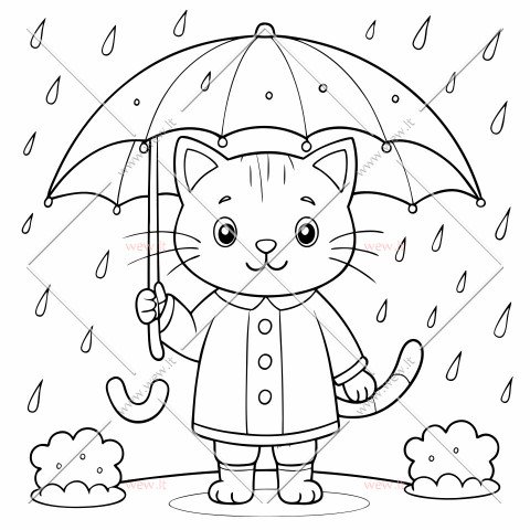 Katinas lietingą dieną su skėčiu