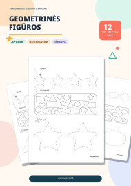 Geometrinės figūros vaikams – 12 grafomotorikos ir spalvinimo užduočių lapų (PDF)