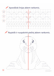 Grafomotorikos pratimai abiem rankomis „Ruonis“ – simetrijos ir piešimo užduotis (PDF)
